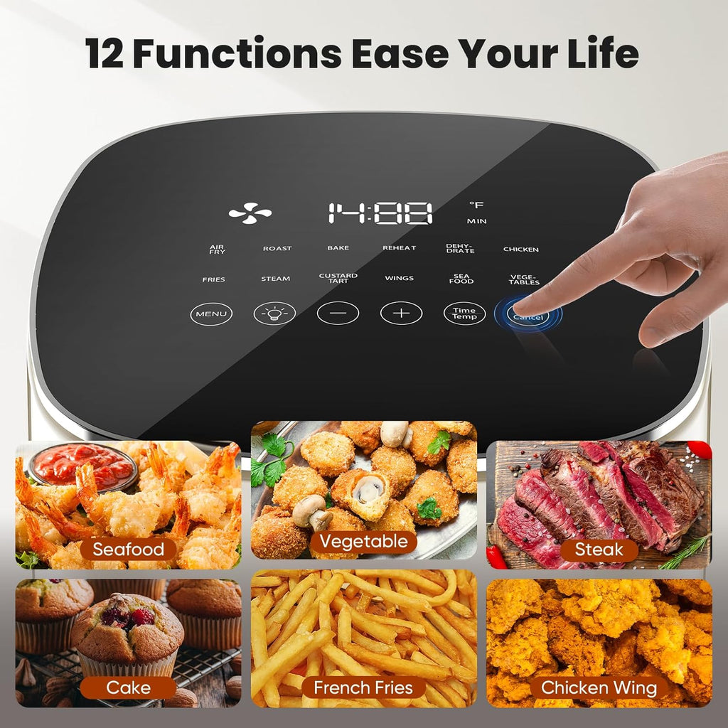 Air Fryer 6 Quart with Window Square Air Fryer 12-In-1 Air Fry, Roast, Reheat, Dehydrate, Bake, Steam, Fries, Custard, Chicken, Wings, Sea Food, Vegetabels,400F