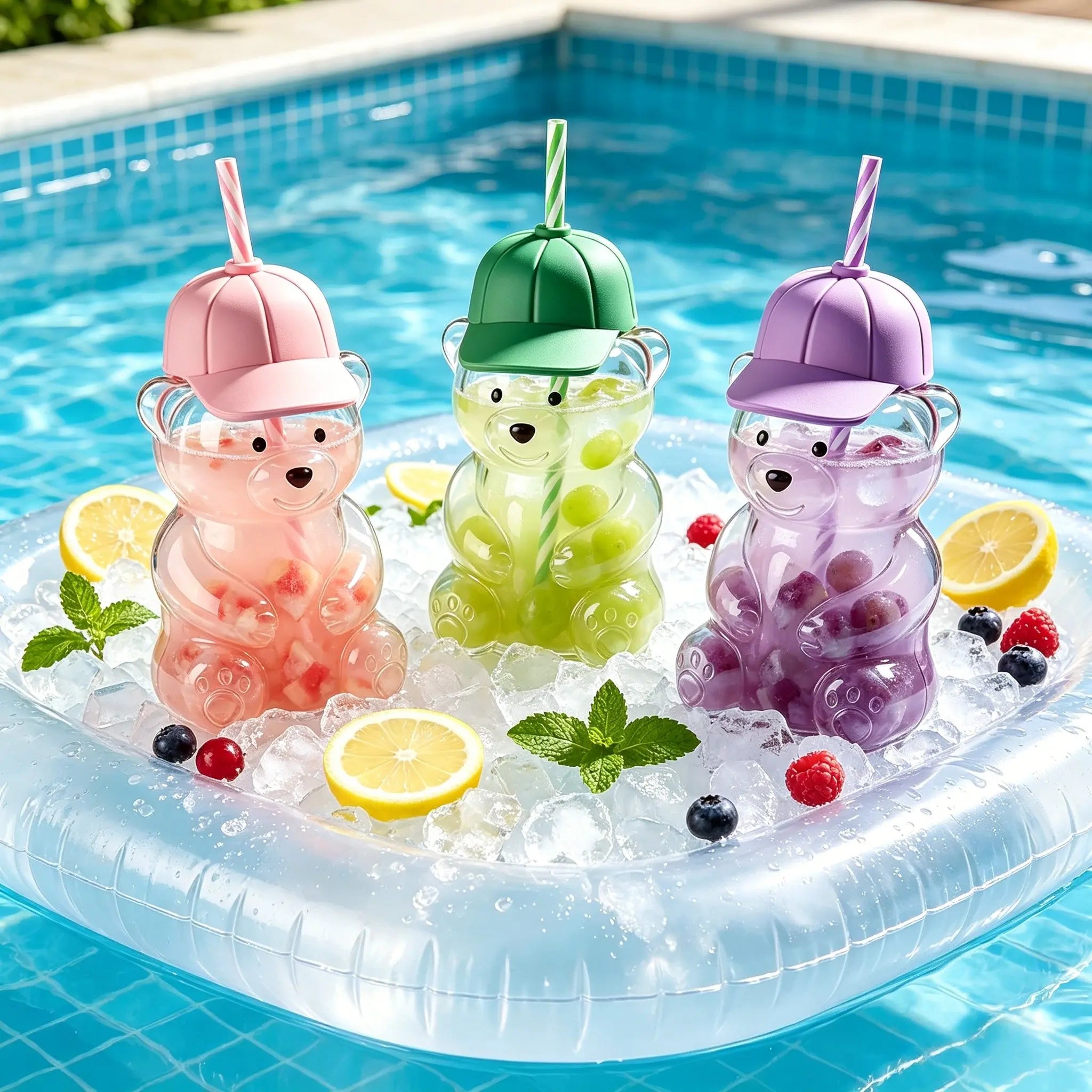 Creative Baseball Cap Bear Glass Cup, High Aesthetic 600ML Straw Water Bottle, Trendy Reusable Drinkware for Daily Use, Straw Portable Bottle, Glass Drinking Bottle