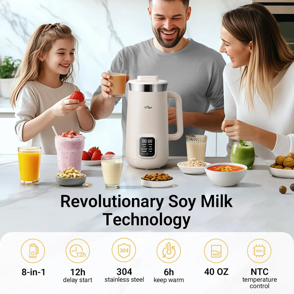 Bear 8 in 1 Nut Milk Maker Machine, 40Oz/1.2L Soy Milk Maker with Self Clean/12H Delay/6H Keep Warm, One Touch Alomnd Milk Maker for Homemade Oat, Soup, Juice, Plant Based and Non Dairy Beverages