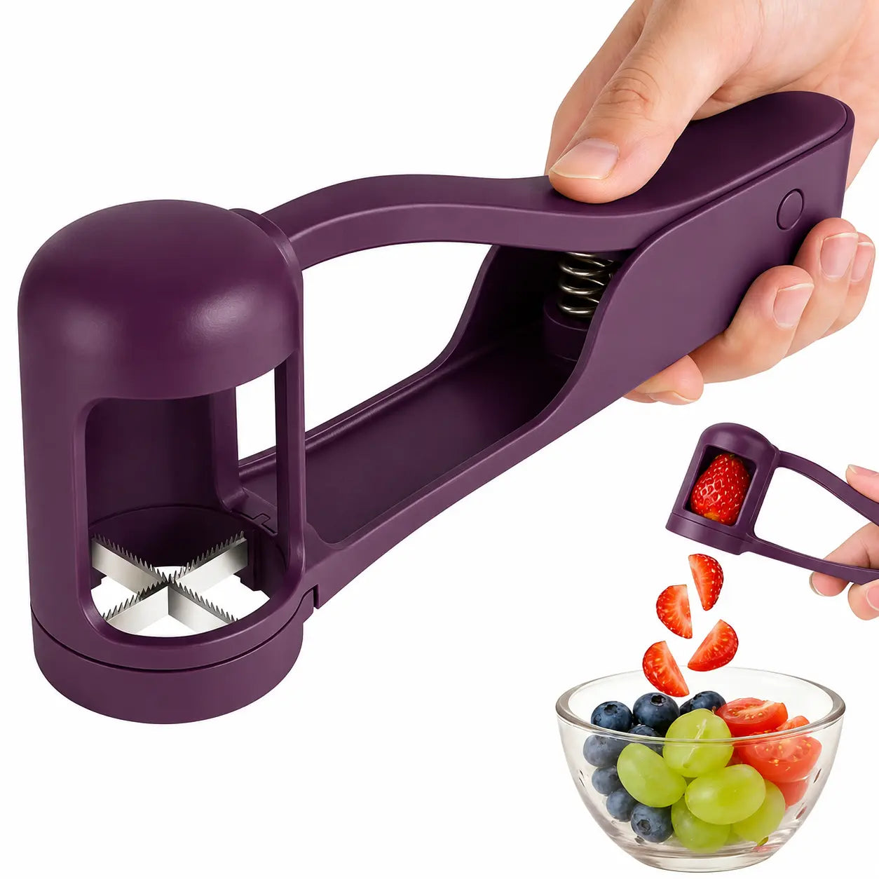 Berry Cutter & Grape Splitter - 2-In-1 Stainless Steel Fruit Chopper for Strawberries, Grapes, Cherry Tomatoes - Fast Food Prep Gadget for Salads, Sweets, Toddler Meals, Stainless Steel Kitchen Utensil