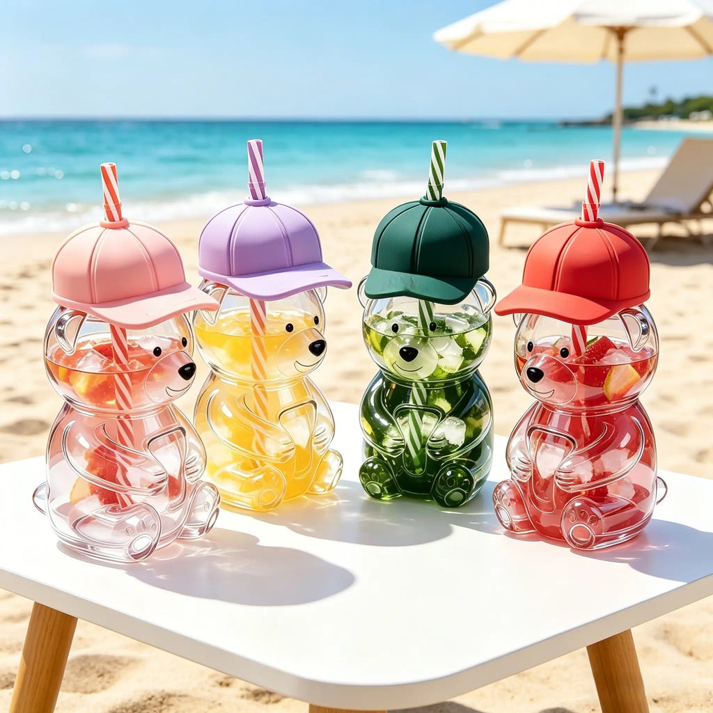 Creative Baseball Cap Bear Glass Cup, High Aesthetic 600ML Straw Water Bottle, Trendy Reusable Drinkware for Daily Use, Straw Portable Bottle, Glass Drinking Bottle
