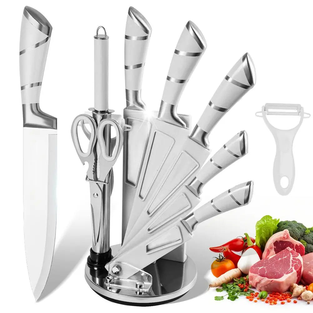 【Father'S Day Gift】9Pcs Kitchen Knives Set, Professional Chef, Bread, Cleaver, Paring, Utility Knife and Scissors Sharpener Peeler High Carbon Stainless Steel Ultra Sharp Non-Stick Multifunctional