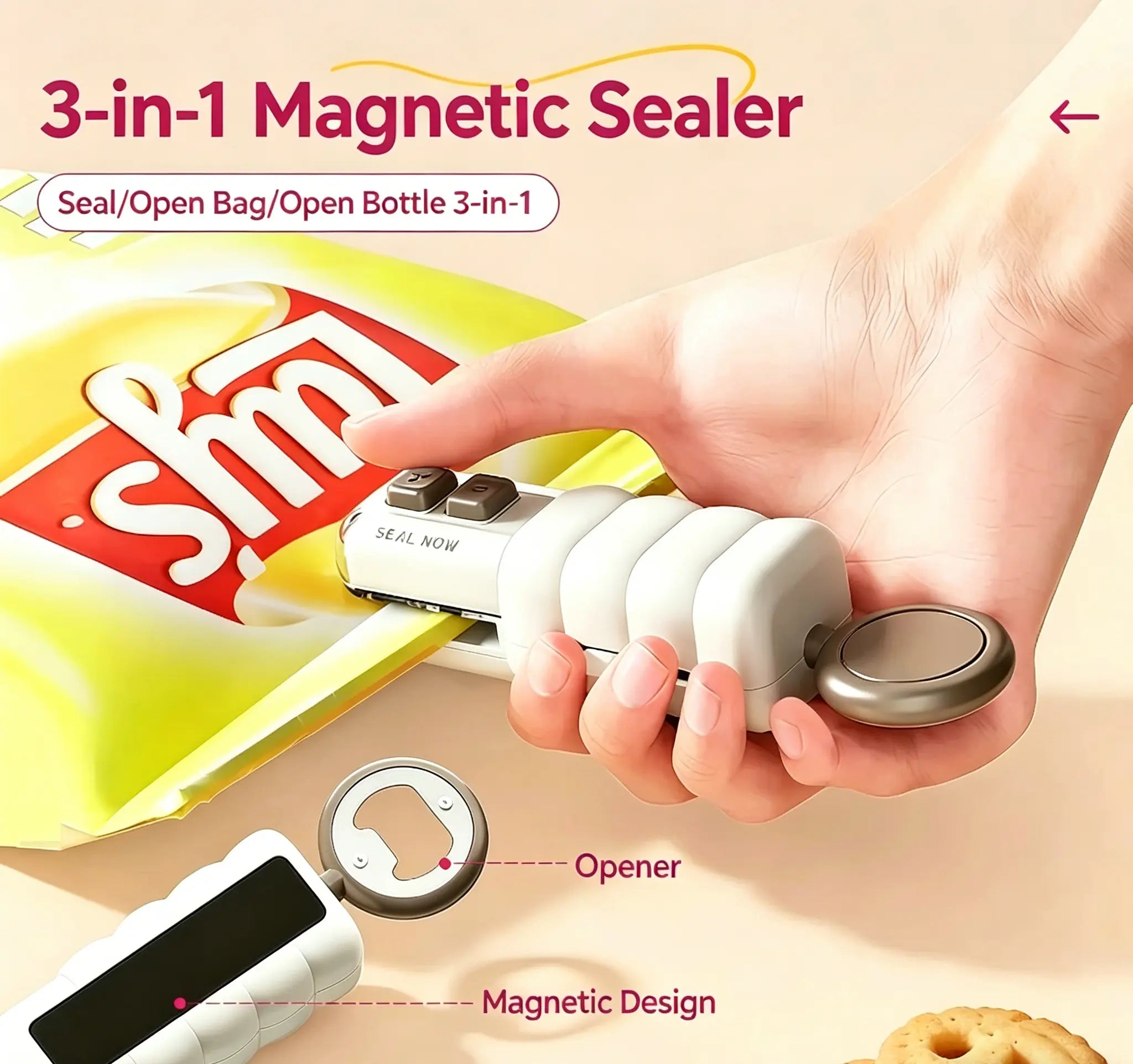 3-In-1 Compact Mini Sealing Cutter - Portable USB Charging Heat Sealer for Seals Bags, Handheld Food Storage Plastic Sealer, Bottle Opener for Home Supplies, Picnics