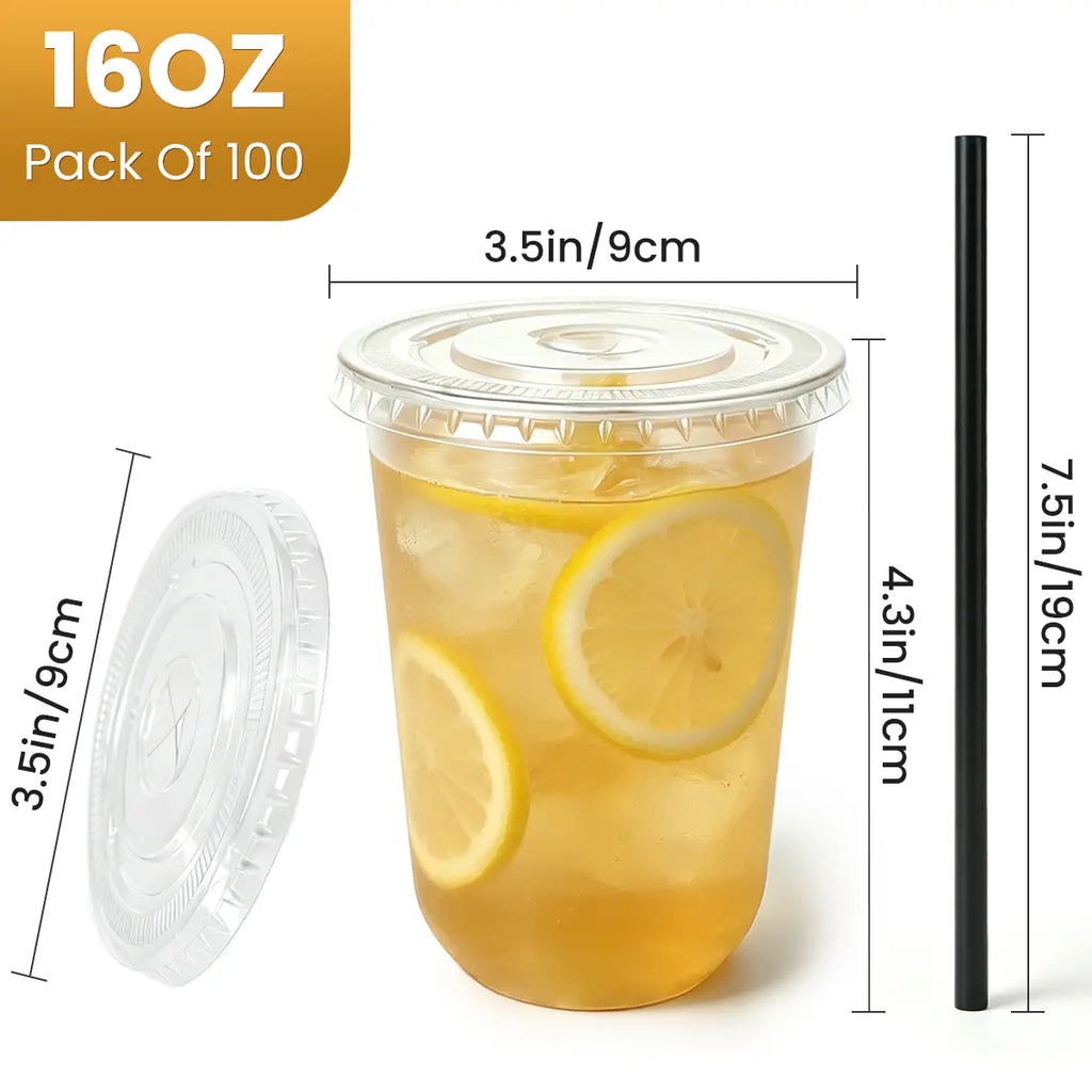 16Oz Disposable Stemless Glasses with Flat Lids and Straws, PET Disposable Drinking Cups, Plastic Wine Glasses Parties Birthday, Wedding, Meeting, Party Supplies. (100, Black)