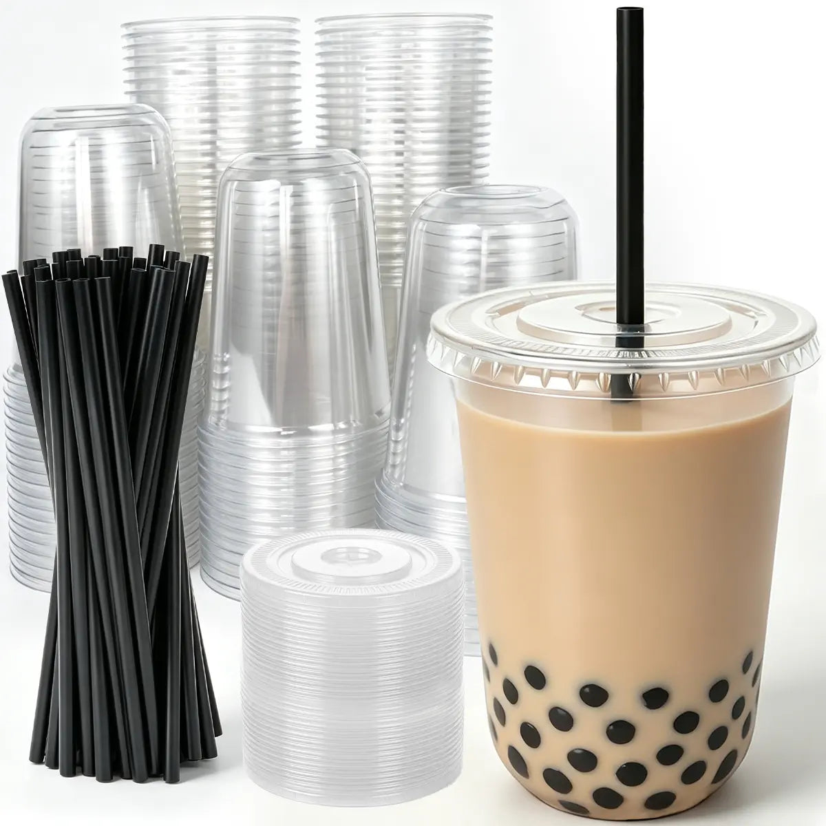 16Oz Disposable Stemless Glasses with Flat Lids and Straws, PET Disposable Drinking Cups, Plastic Wine Glasses Parties Birthday, Wedding, Meeting, Party Supplies. (100, Black)