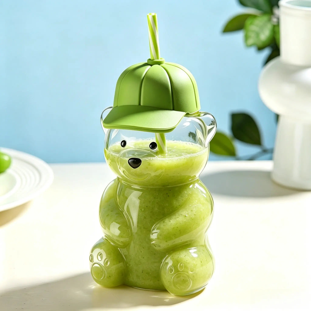 Creative Baseball Cap Bear Glass Cup, High Aesthetic 600ML Straw Water Bottle, Trendy Reusable Drinkware for Daily Use, Straw Portable Bottle, Glass Drinking Bottle