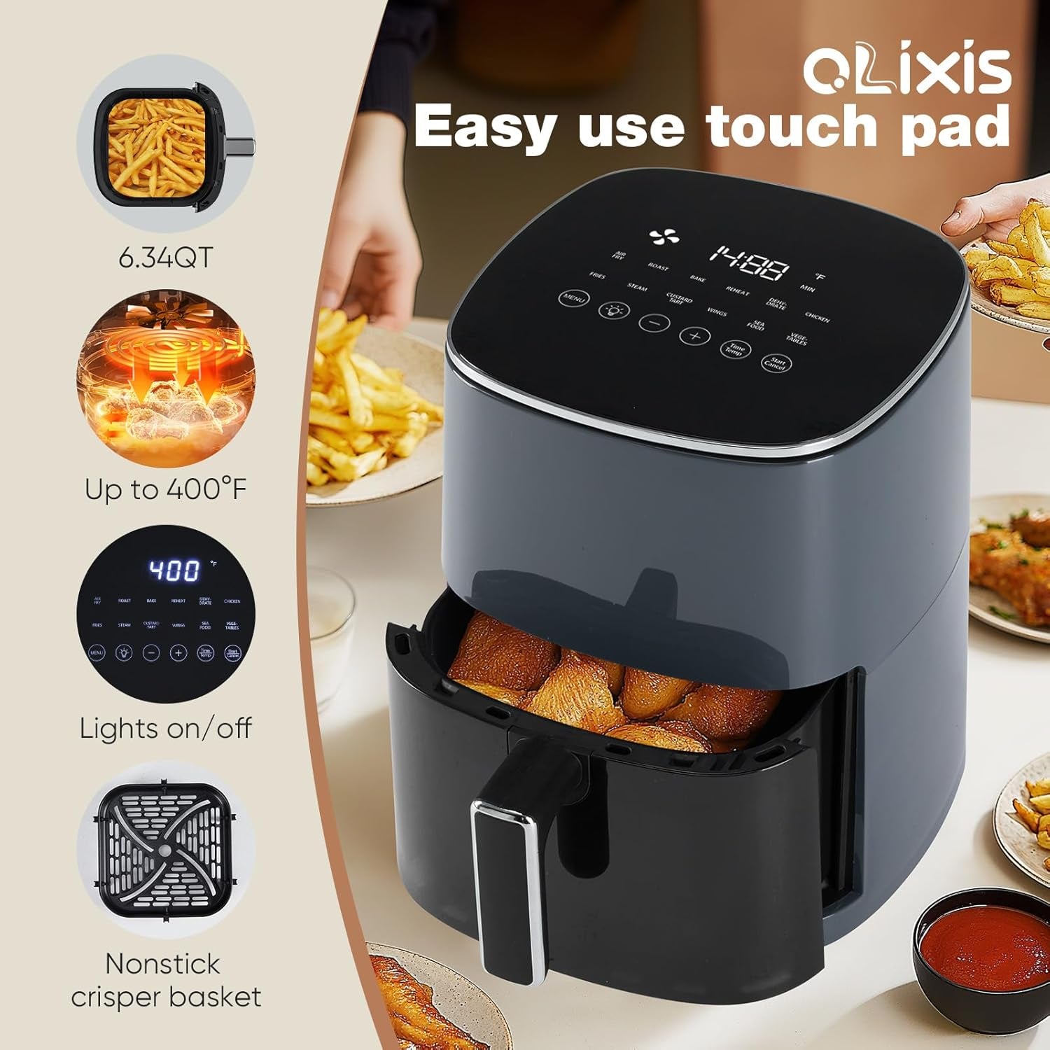Air Fryer 6 Quart with Window Square Air Fryer 12-In-1 Air Fry, Roast, Reheat, Dehydrate, Bake, Steam, Fries, Custard, Chicken, Wings, Sea Food, Vegetabels,400F