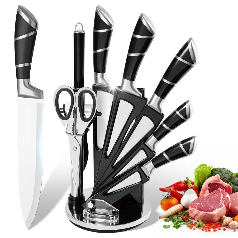【Father'S Day Gift】9Pcs Kitchen Knives Set, Professional Chef, Bread, Cleaver, Paring, Utility Knife and Scissors Sharpener Peeler High Carbon Stainless Steel Ultra Sharp Non-Stick Multifunctional